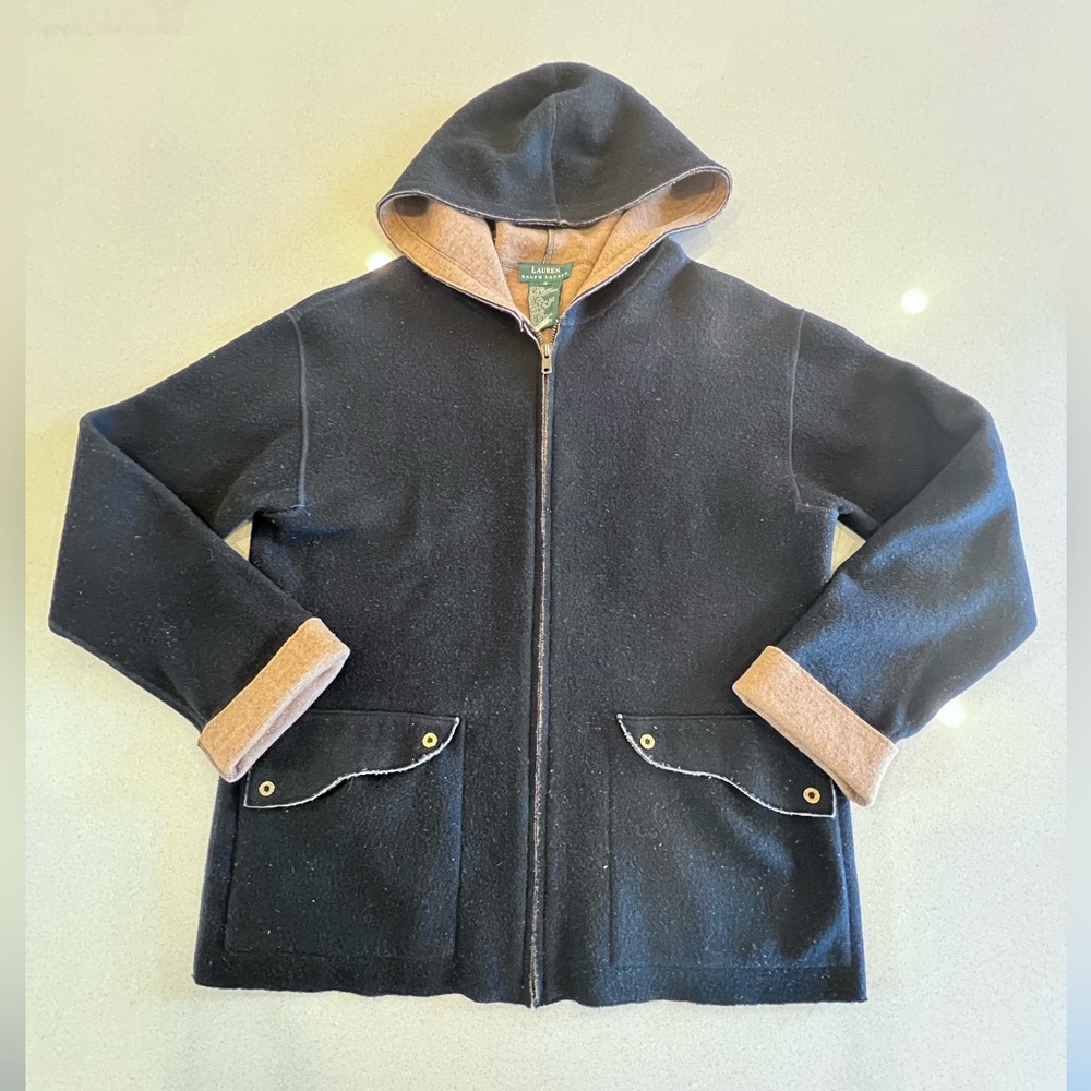 Lauren by Ralph Lauren Black Tan Jacket 80% Wool Full Zip Hood Pockets Small